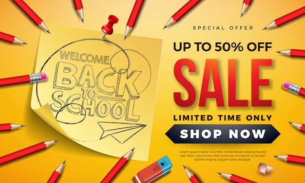 Free vector back to school sale banner with graphite pencil and sticky notes on yellow