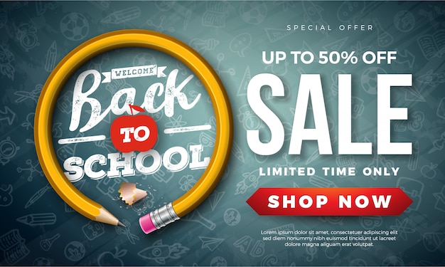 Back to school sale banner with graphite pencil and typography letter on black chalkboard