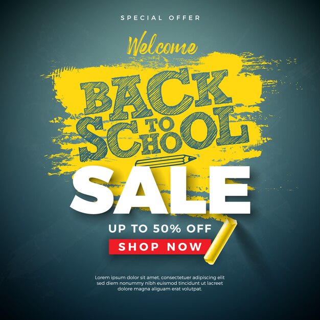 Back to School Sale banner with Typography Letter and Chalk on Chalkboard