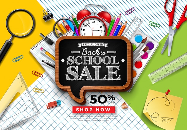 Back to School Sale Design with Colorful Pencil and Chalkboard on Square Grid and Line Background