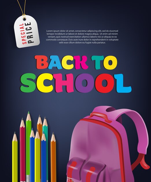 Back to school sale flyer with violet backpack