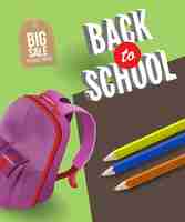 Free vector back to school sale poster with backpack, pencils