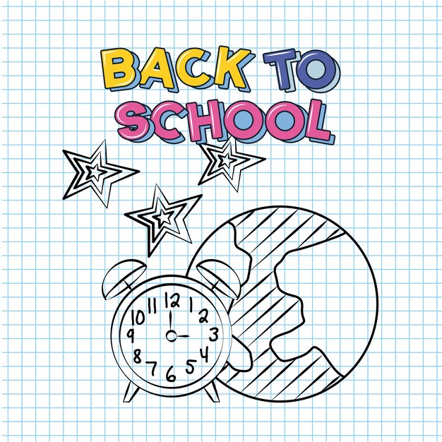 Back to school and school elements over notebook paper illustration