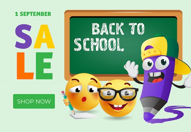 Free vector back to school, shop now banner design with cartoon pencil