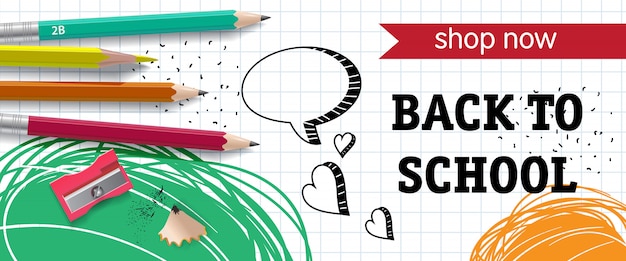 Back to school, shop now lettering with pencils and sharpener