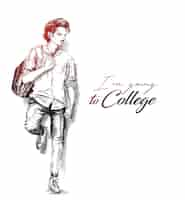 Free vector back to school sketch of college student holding bag on isolated white background