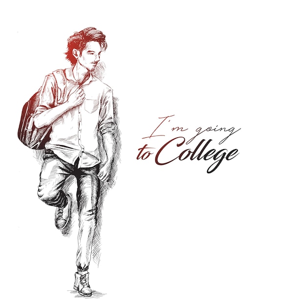 Back to school Sketch of College Student Holding bag on Isolated white Background