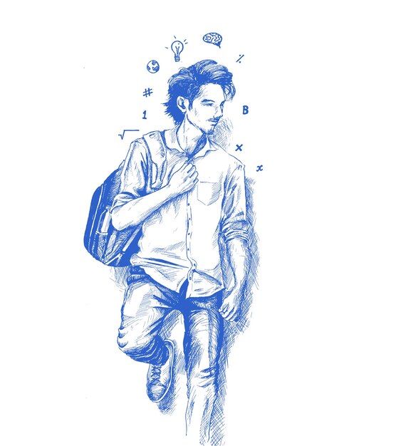 Back to school Sketch of College Student Holding bag on Isolated white Background