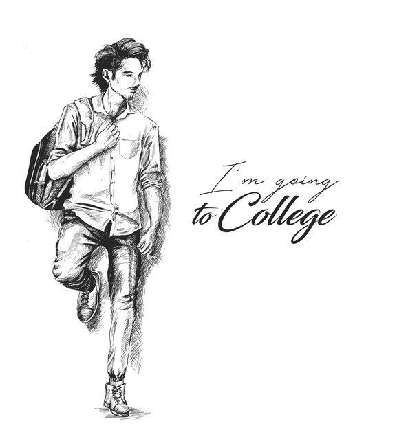 Снова в школу Эскиз студента колледжа, держащего сумку на изолированном белом фоне