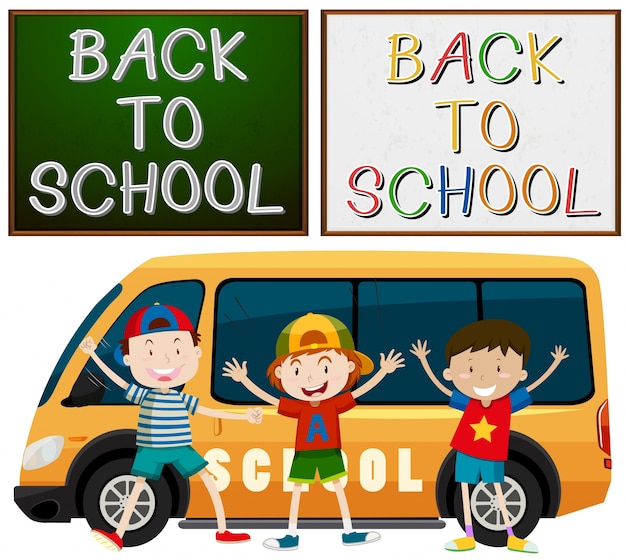 Torna al tema della scuola con i bambini e l'illustrazione del furgone scolastico