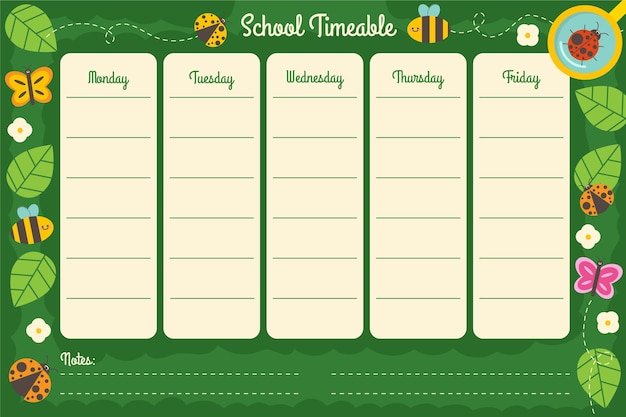 Free vector back to school timetable template