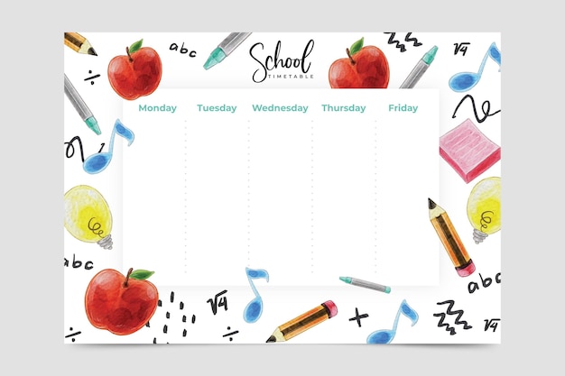 Free vector back to school timetable watercolor design