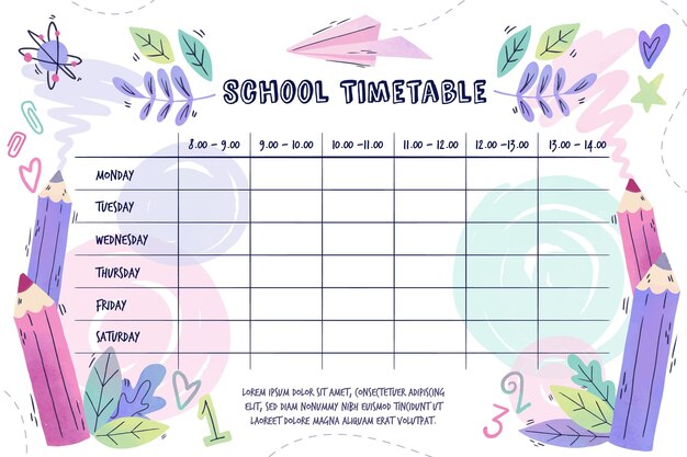 Back to school watercolor timetables