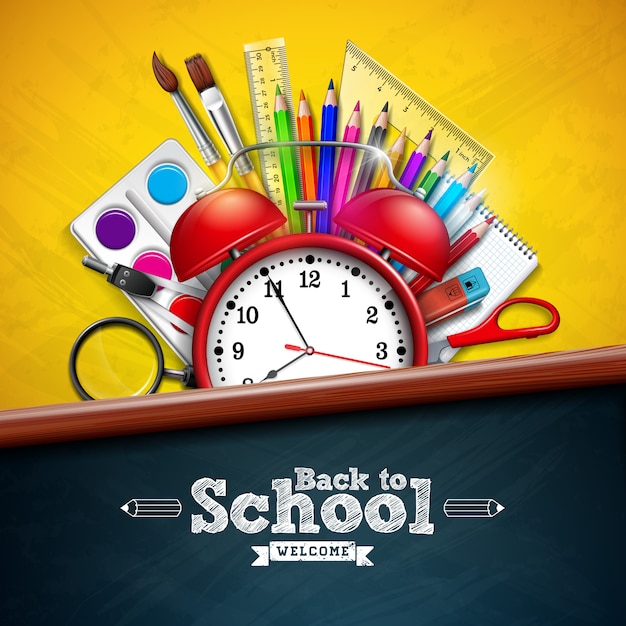 Back to school with alarm clock and colorful pencil on yellow 