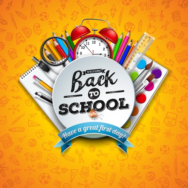 Free vector back to school with colorful pencil, scissors, ruler and typography letter