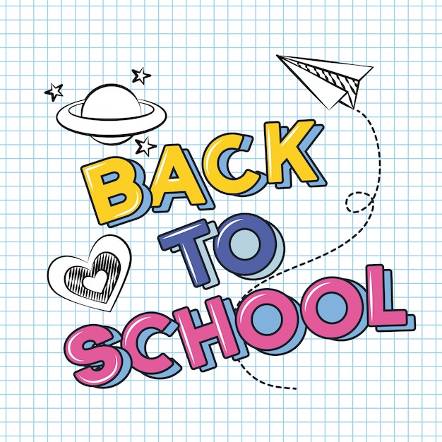 Free vector back to school with plane, heart and planet on paper