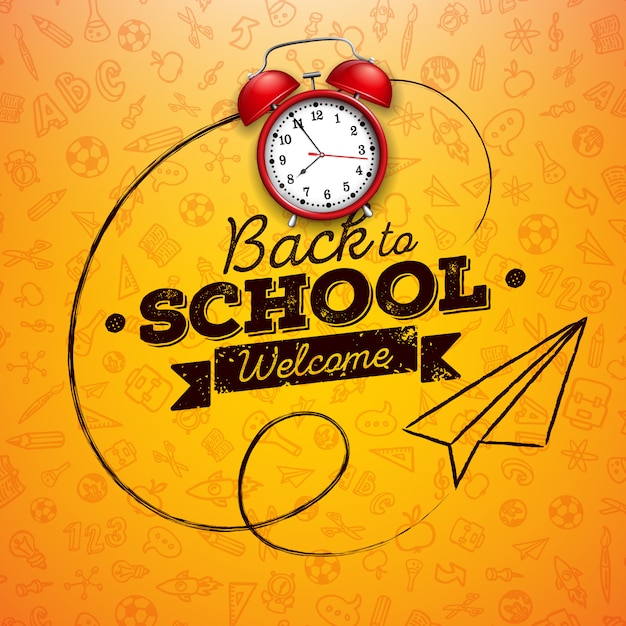 Free vector back to school with red alarm clock and typography letter on yellow