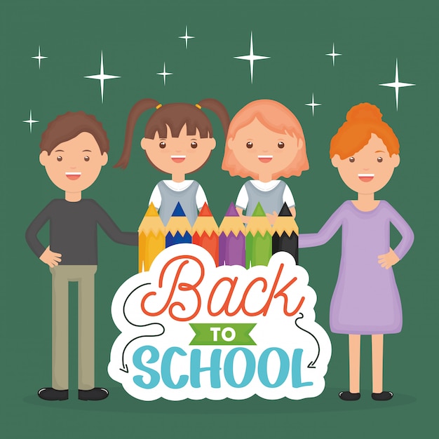 Free vector back to school. young teachers couple with little students