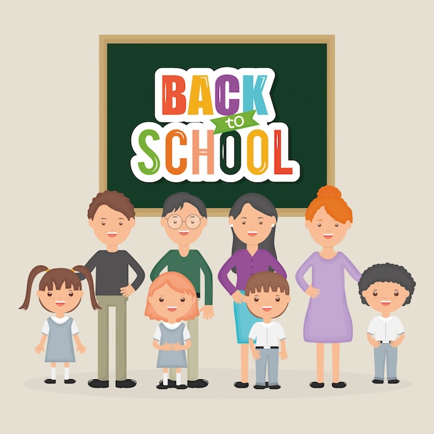 Free vector back to school. young teachers group with students in chalkboard