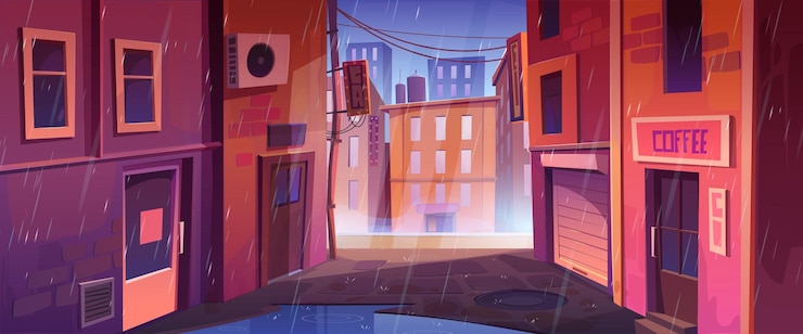 Free Vector back street alley with houses store cafe in rain