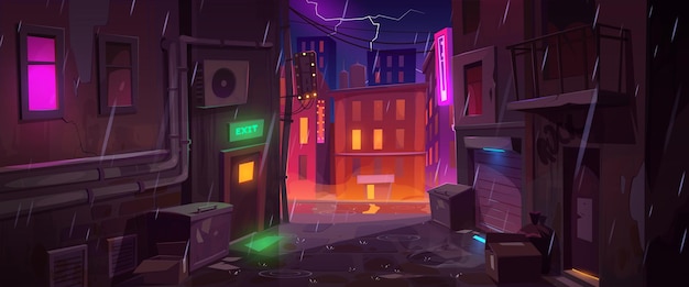 Free vector back street alley with old houses in rain at night