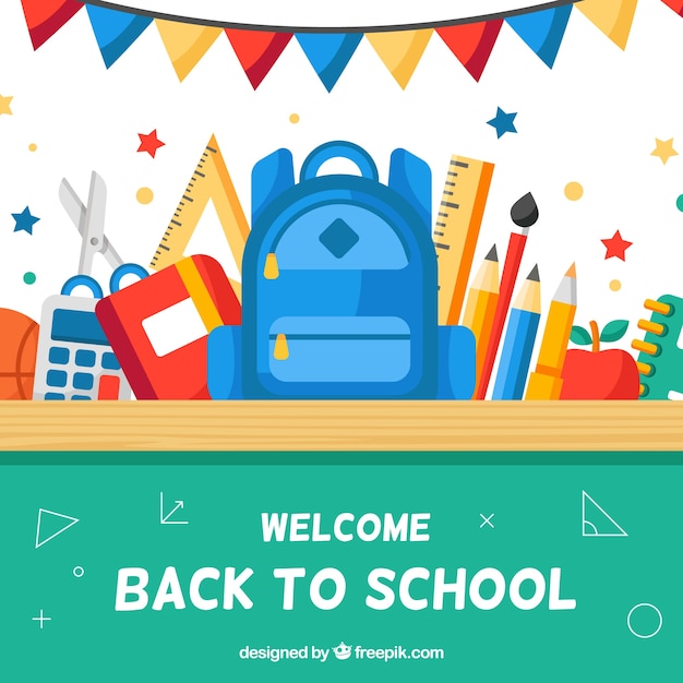 Бесплатное векторное изображение Снова в школу фон с синим рюкзаком и другими элементами