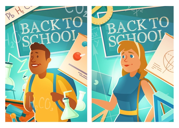 学生と一緒に学校に戻る漫画のポスター。 無料ベクター