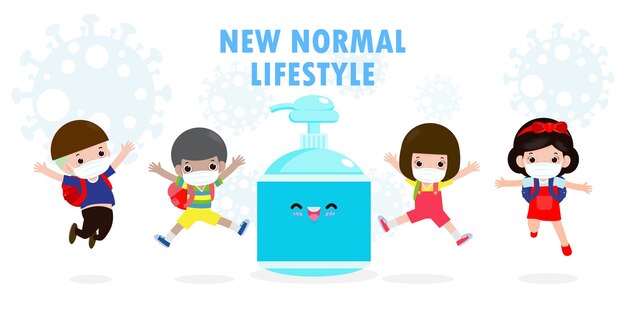 背景イラストと学校に戻ってマスクを身に着けているかわいい子供たちのセット プレミアムベクター