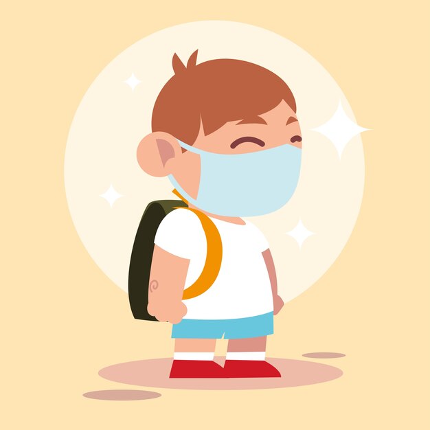 医療マスクを持った新しい普通のかわいい女の子のために学校に戻って 社会的な距離のイラストを保管してください プレミアムベクター