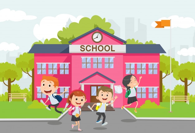 学校のイラストに戻る 楽しんで 興奮して ジャンプして 逃げる子どもたち 幼なじみ プレミアムベクター