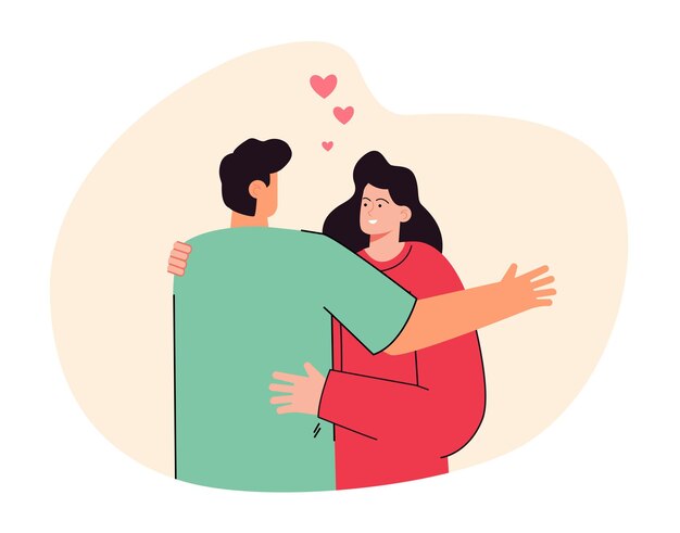 Back view of boyfriend hugging girlfriend. Cute couple standing together, woman smiling flat illustration