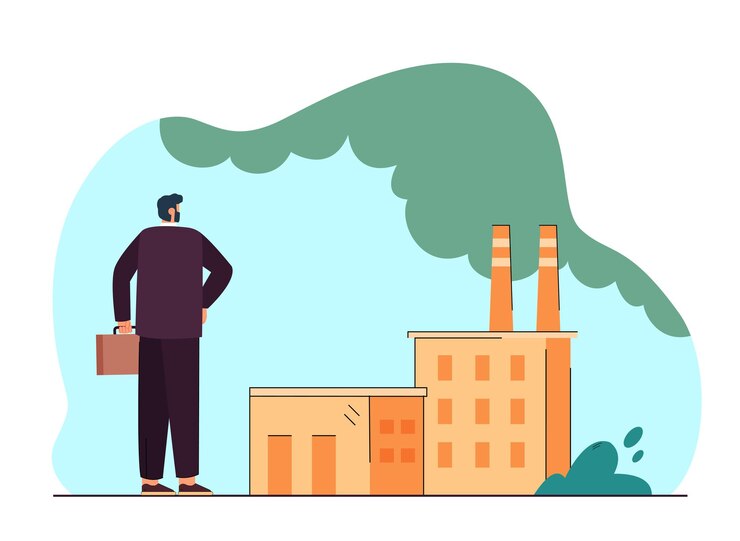 Free Vector back view of businessman watching factory and emissions. man standing in front of industrial building flat vector illustration. ecology, pollution concept for banner, website design or landing page