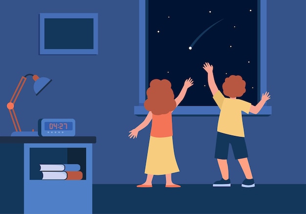 Back view of children watching night sky with falling star