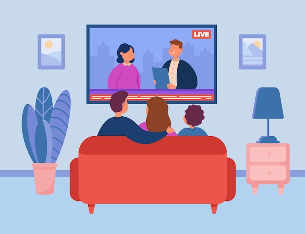 Back view of family sitting on sofa and watching news on tv. mother, father and son on couch in living room flat vector illustration. family, entertainment concept for banner or landing web page