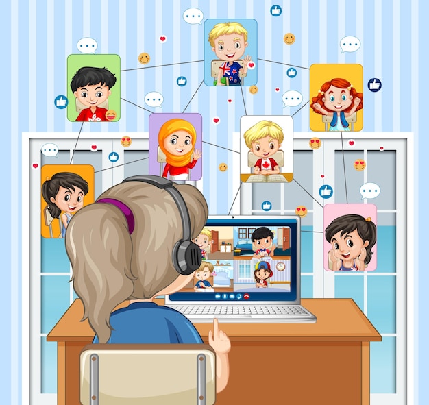 Free vector back view of girl looking at computer for video conference with friends