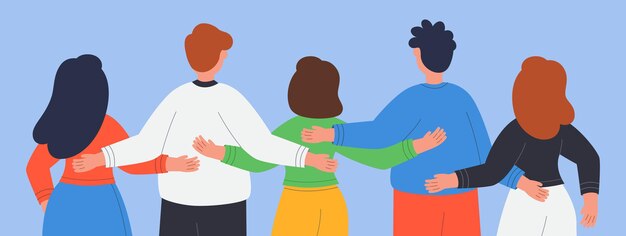 抱き締める友人のグループの背面図。一緒に立っている人々やコミュニティのチーム、多様な群衆フラットベクトルイラスト。コミュニケーション、多様性、バナーまたはランディングWebページのサポートコンセプト
