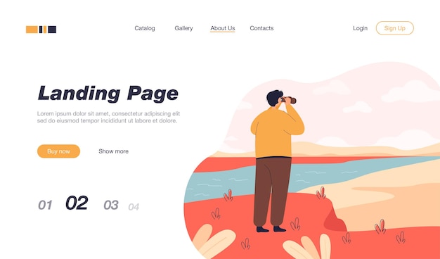 Free vector back view of man exploring nature in binoculars landing page template