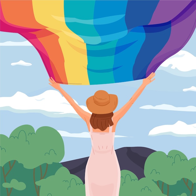 Free vector back view woman holding up pride flag