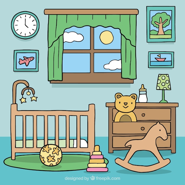 Background of baby room with wooden furniture