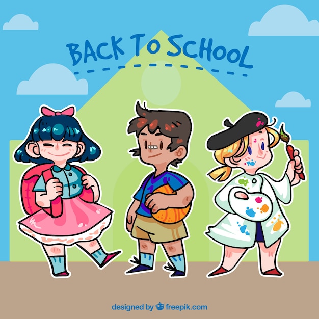 Фон обратно в школу с рисованными детьми