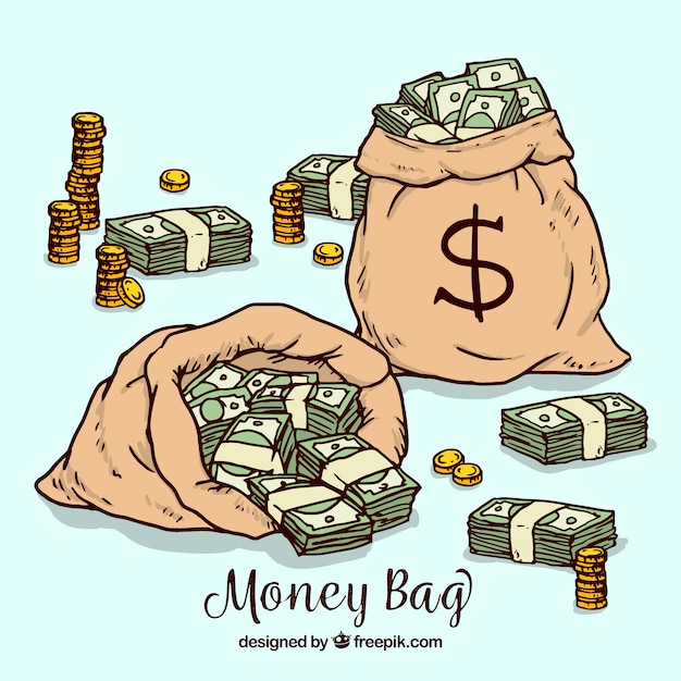 紙幣と硬貨を持つ袋の背景