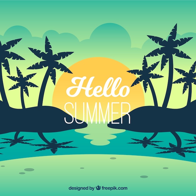 Free vector background of beautiful beach landscape with palm trees