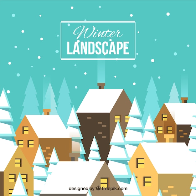 Free vector background of beautiful snowy village in flat design