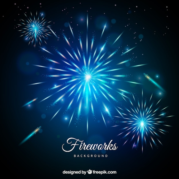 Free vector background of blue fireworks in realistic style