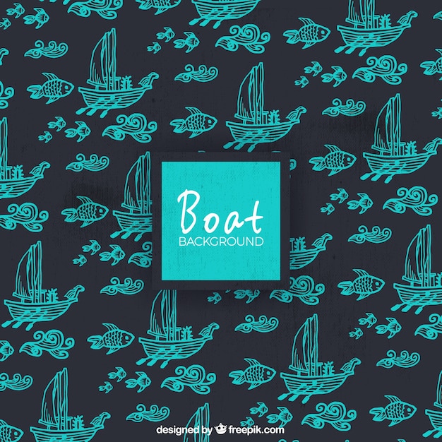 Free vector background of boat and fish sketches