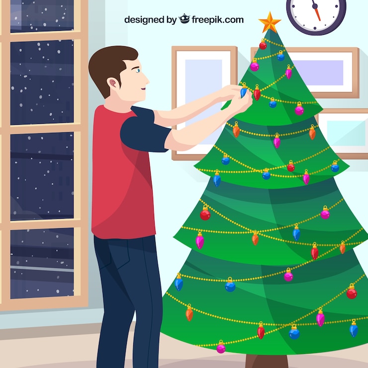 Free Vector background of boy decorating the christmas tree