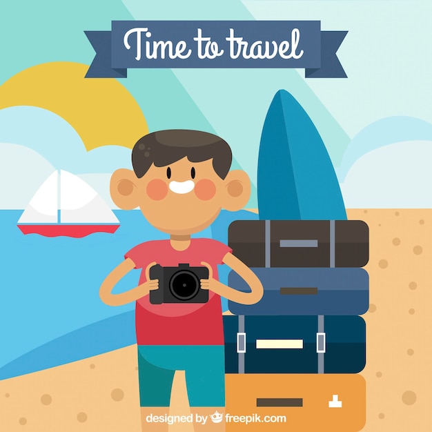 Free vector background of boy with luggage on the beach