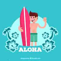 Free vector background of boy with surfboard