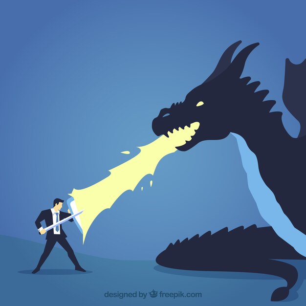 ドラゴンとのビジネスキャラクターの戦いの背景