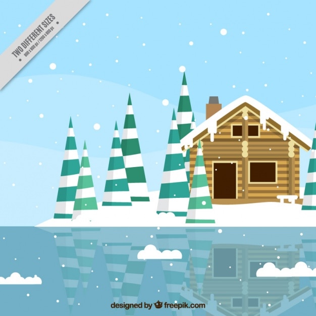 Free vector background of cabin in front of a frozen lake